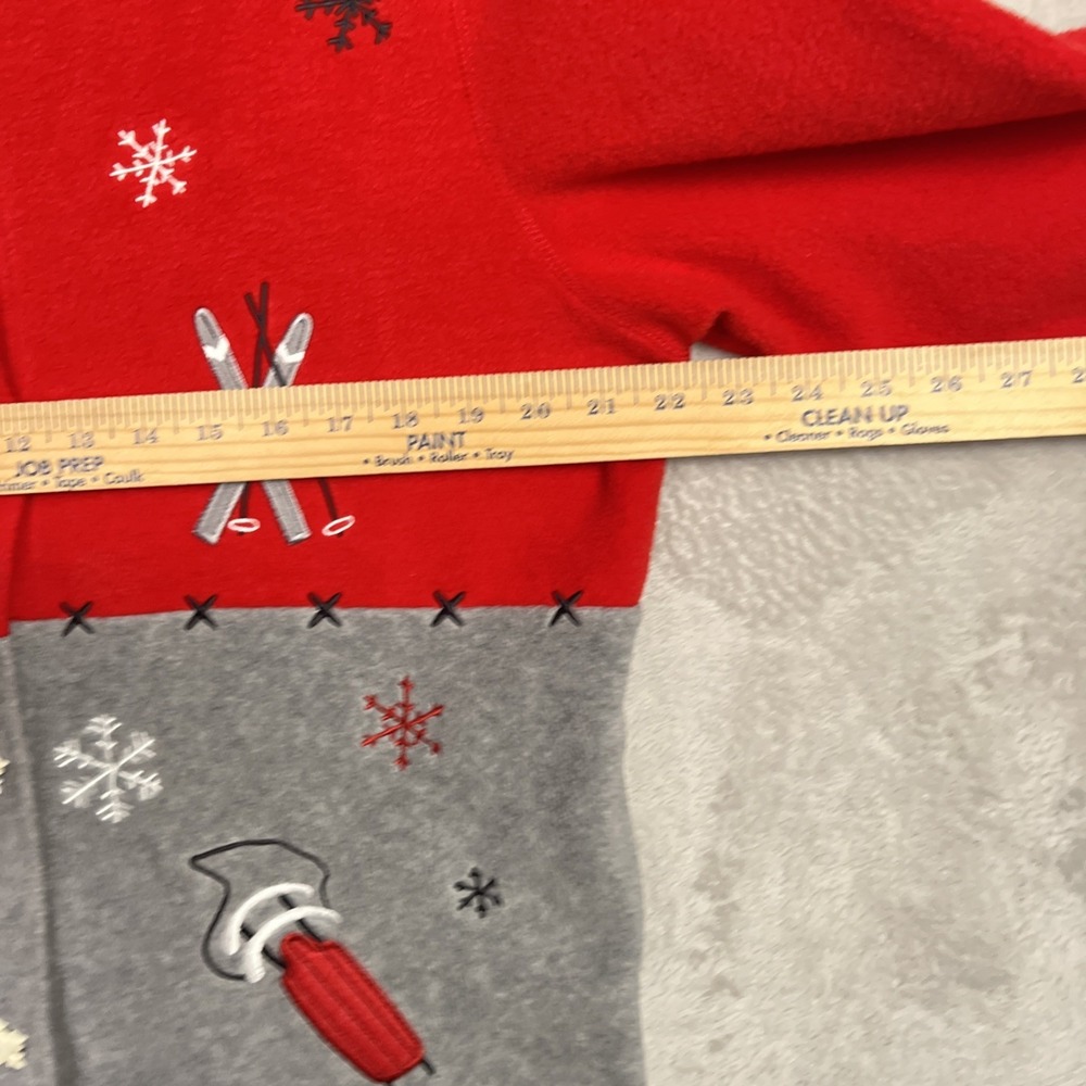 Vintage Christmas Cardigan Button Sweater L Fleece Red Gray Snowman Ski Grandma - Picture 8 of 11